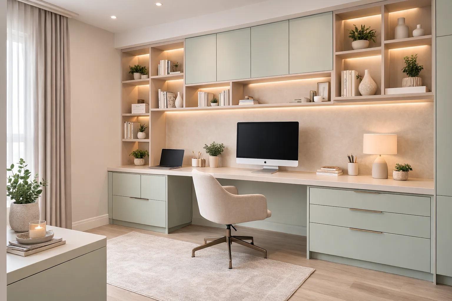 Home office com bancada, gaveteiros, armários superiores e nichos de marcenaria