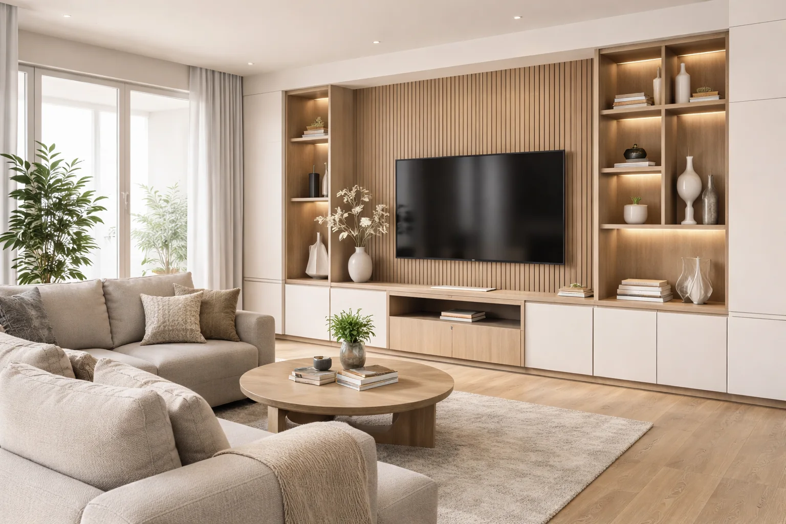 Living com painel ripado, nichos iluminados e armários integrados ao conjunto da marcenaria