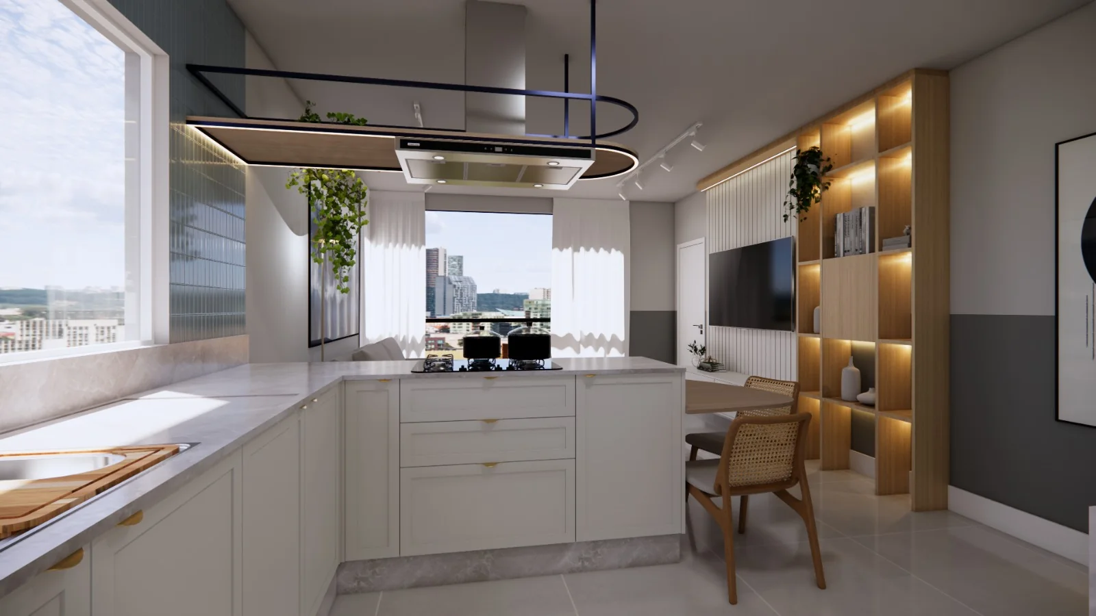 Living e cozinha integrados com móveis planejados e iluminação acolhedora